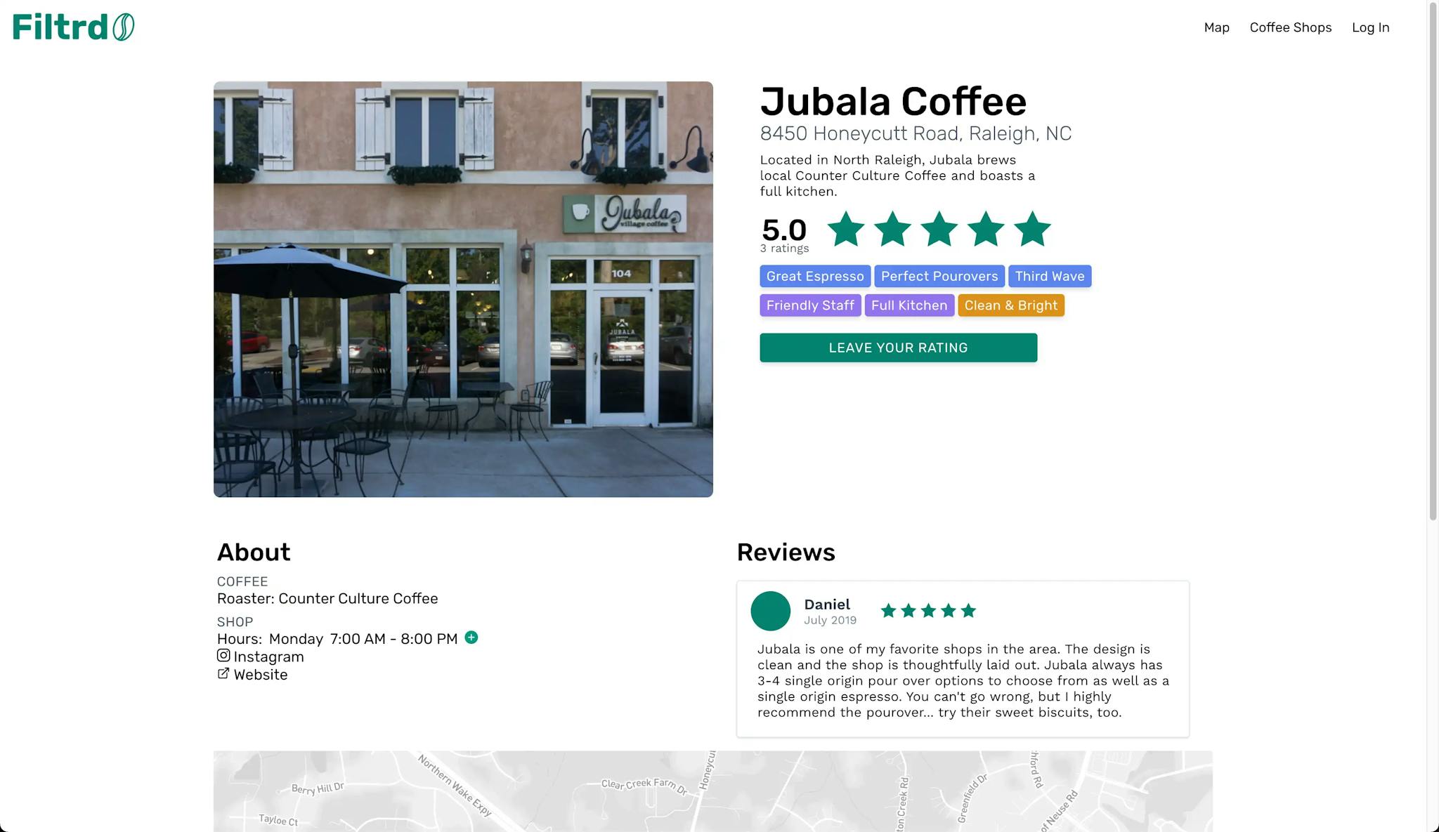 The filtrd coffee shop page